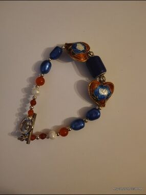 Patriotic Blue Cloisonné Heart Bead Bracelet with Mixed Beads
